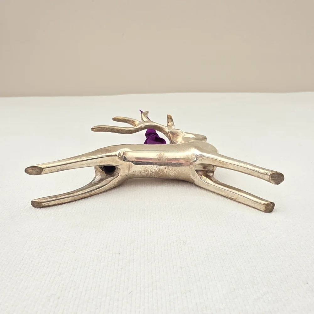 Pottery Barn Reindeer Ornament Vintage Purple Ribbon Silver Metal